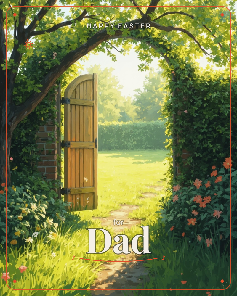 A wooden garden gate stands open beneath an arching tree, inviting a view down a sunlit path lined with wildflowers and hedges, a easter e-card design
