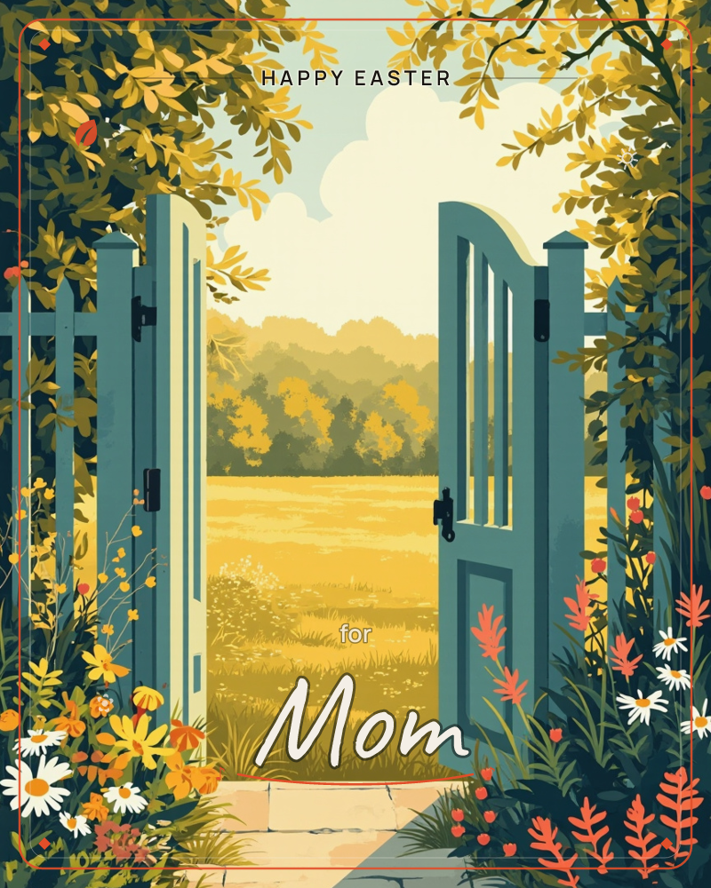A pale teal garden gate stands open onto a golden meadow bordered by autumn-toned trees, with a stone path leading through it, a easter e-card design