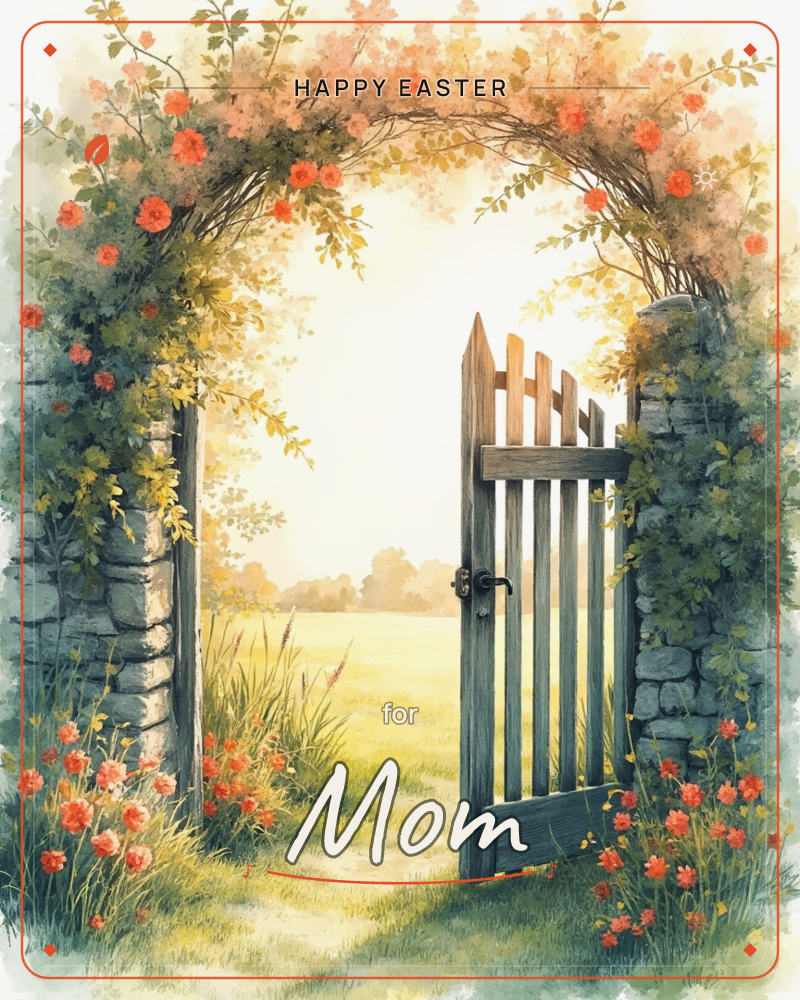 A weathered wooden gate stands open between two stone pillars, framed by an archway of climbing roses in coral and peach, a easter e-card design
