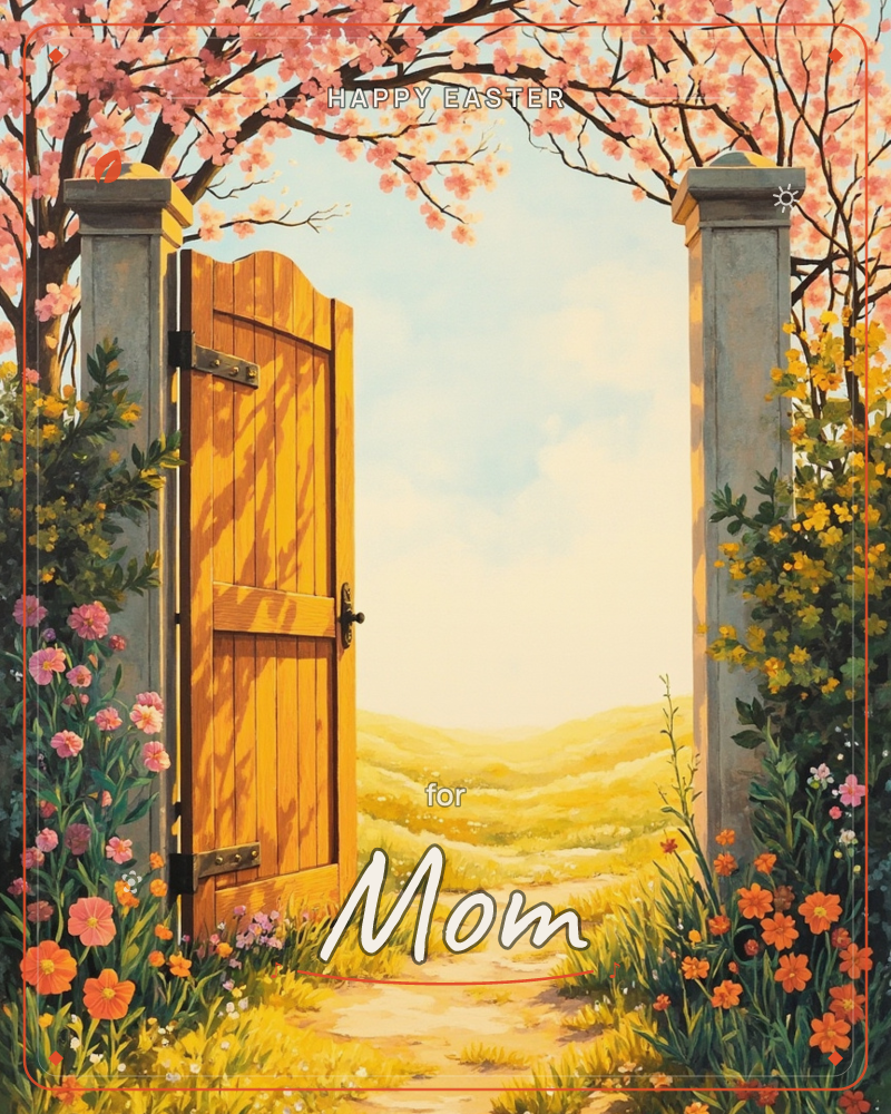 A wooden gate stands open between two stone pillars, framed by an arch of pink blossoming branches overhead, a easter e-card design