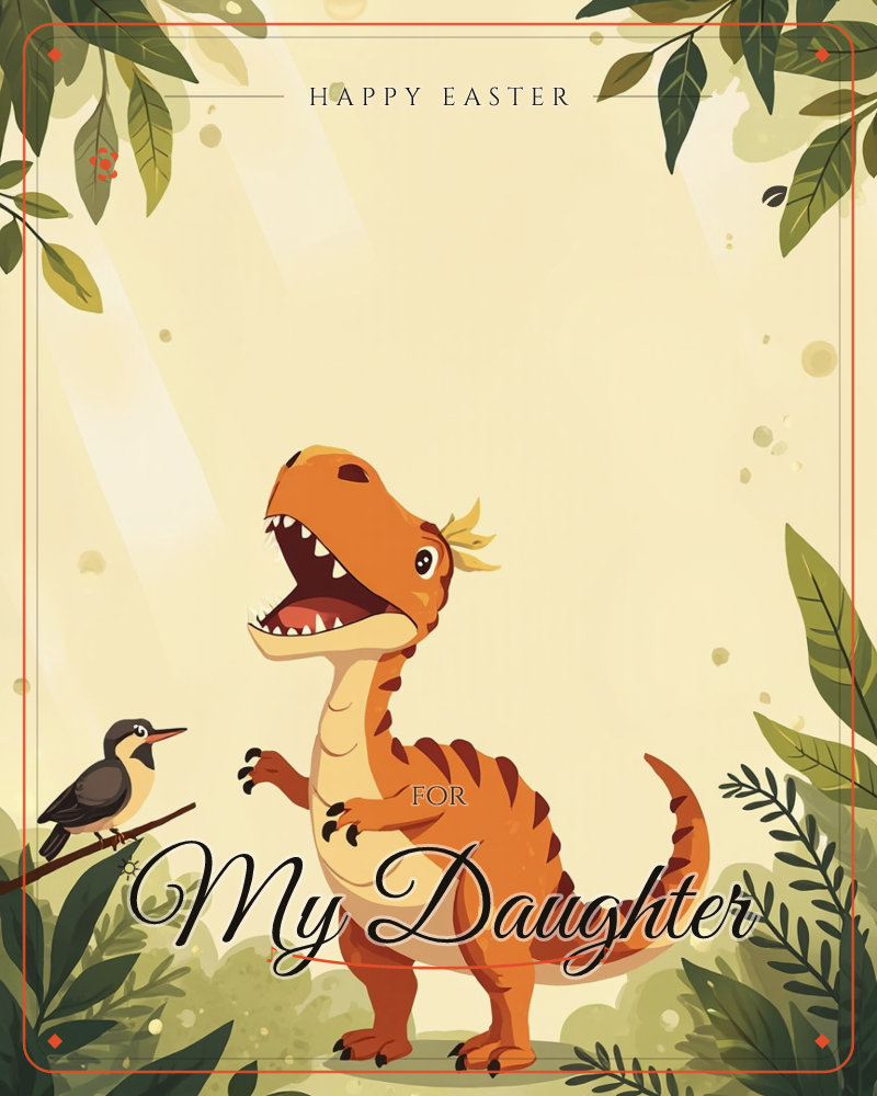 An orange dinosaur roars playfully with mouth wide open, standing among leafy jungle fronds bathed in soft golden sunbeams, a easter e-card design