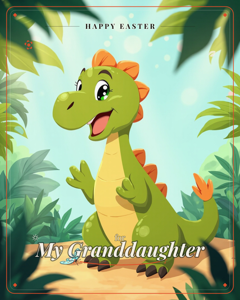 A cheerful green dinosaur with an orange-spiked back stands grinning in a sunlit jungle clearing, framed by glossy tropical leaves, a easter e-card design