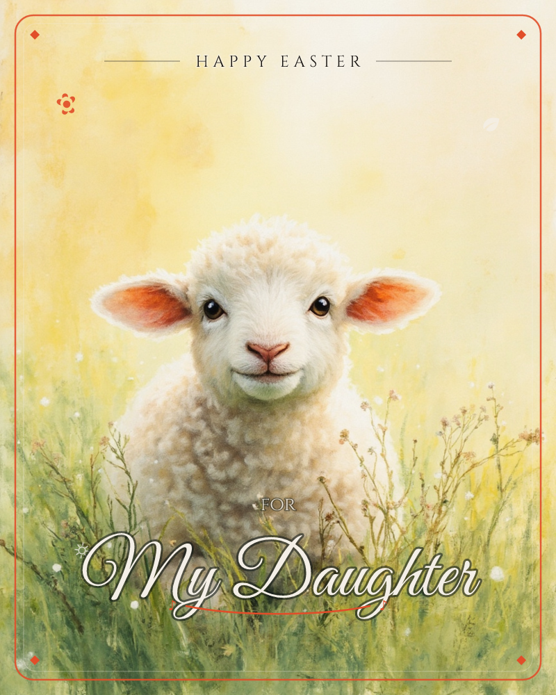 A woolly white lamb sits low in a patch of soft green grass and wildflowers, looking straight out with pink-lined ears and a gentle, contented face, a easter e-card design