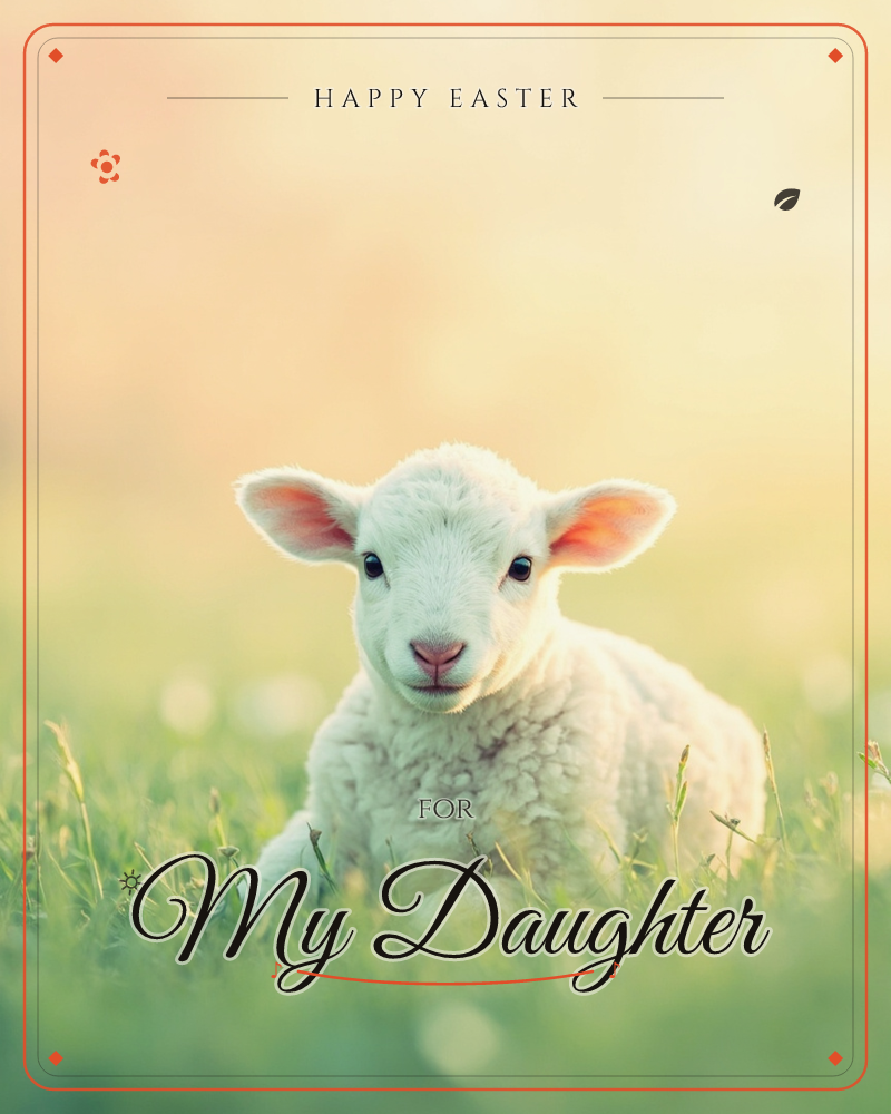 A small white lamb sits curled in a bed of green grass, its pink-tinged ears catching soft golden light, a easter e-card design