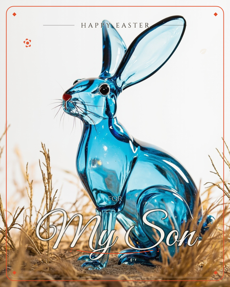 A translucent blue glass hare sits upright among dry, golden grasses, its long ears catching the light and its whiskers rendered in fine painted lines, a easter e-card design