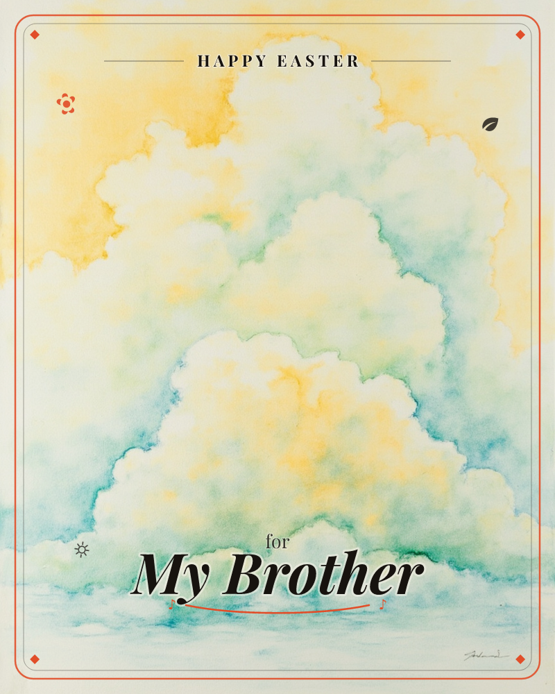 A towering cumulus cloud fills the page, its billowing form washed in soft yellow at the top and cool teal-green shadows beneath, a easter e-card design