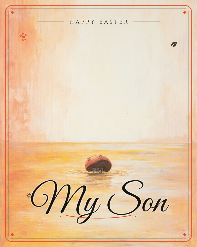 A single dark buoy floats alone on a wide, glowing sea, painted in soft washes of peach, gold and cream, a easter e-card design
