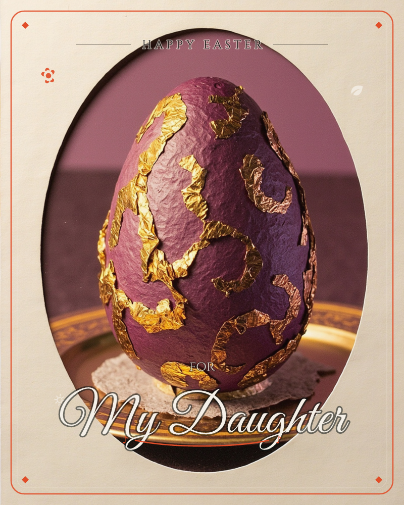An oval frame reveals a single decorated egg, its deep plum surface leafed with crinkled patches of gold in swirling patterns, resting on a small paper…, a easter e-card design