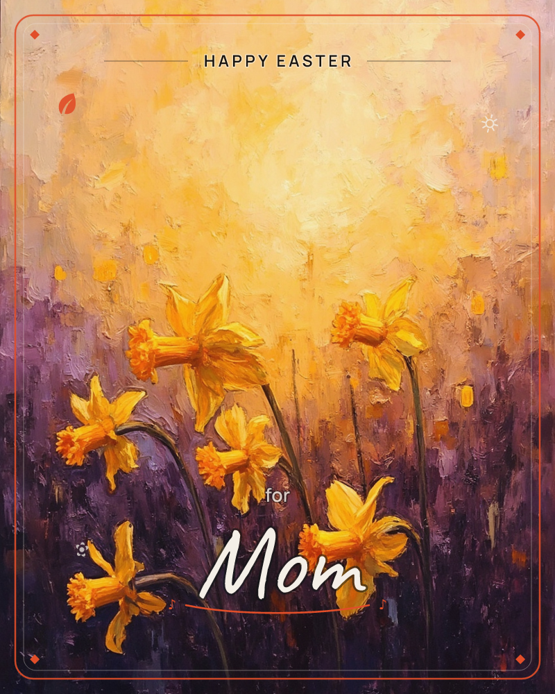 A cluster of golden daffodils rises against a glowing amber sky, their trumpet blooms painted in thick, textured strokes that catch the light, a easter e-card design