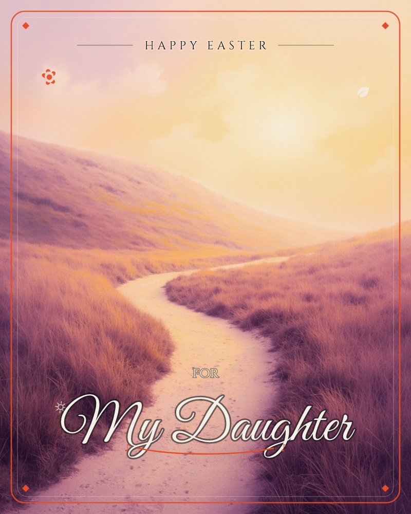 A sandy path winds between grassy dunes toward a hazy sun low on the horizon, the whole scene washed in soft pink and gold light, a easter e-card design