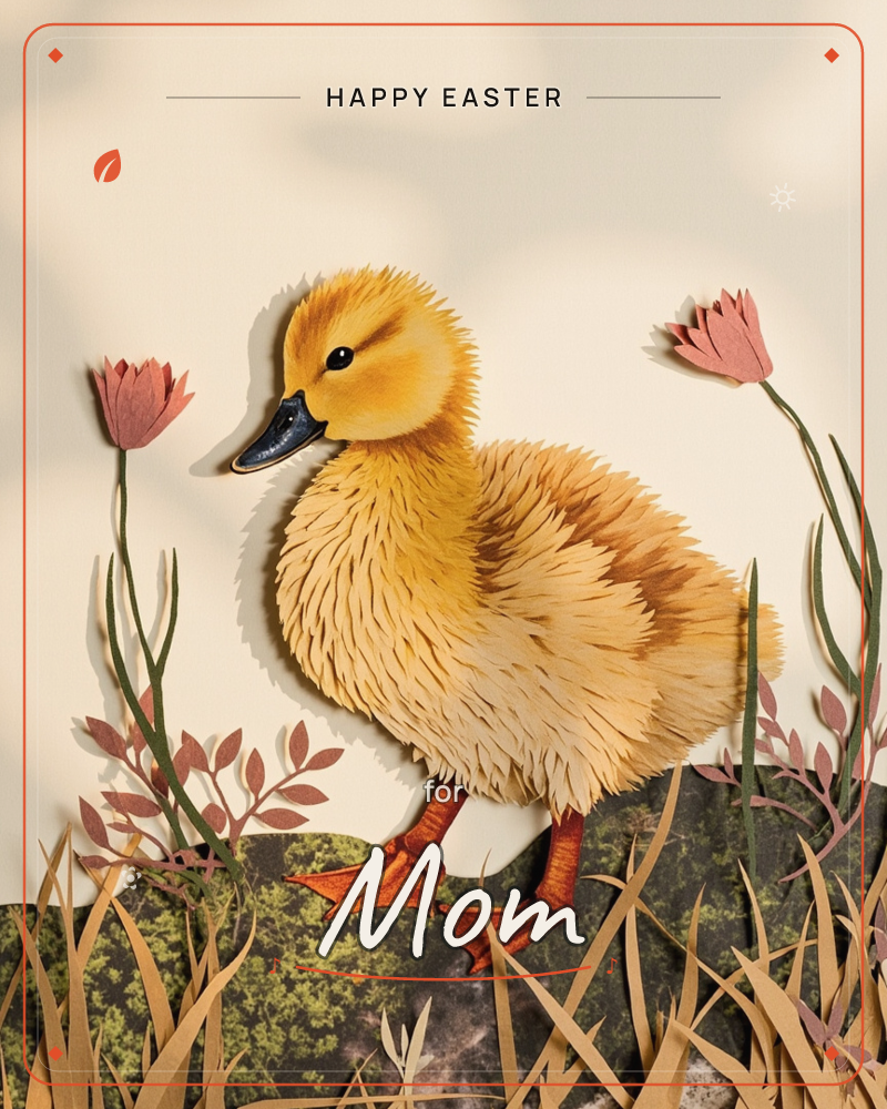 A fluffy yellow duckling stands on a mossy rock among tall grasses and pink tulips, rendered as layered paper cutouts with soft shadows behind each piece, a easter e-card design