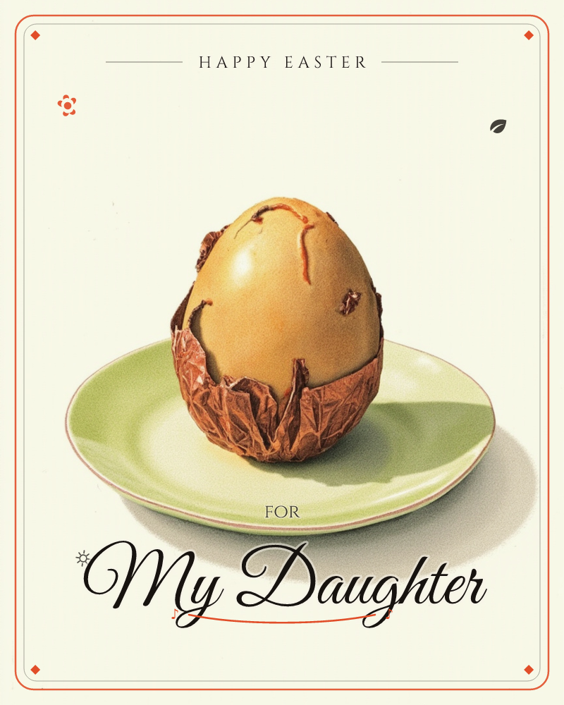 A single golden egg sits half-unwrapped in crinkled brown foil, resting on a pale green plate against a plain cream background, a easter e-card design