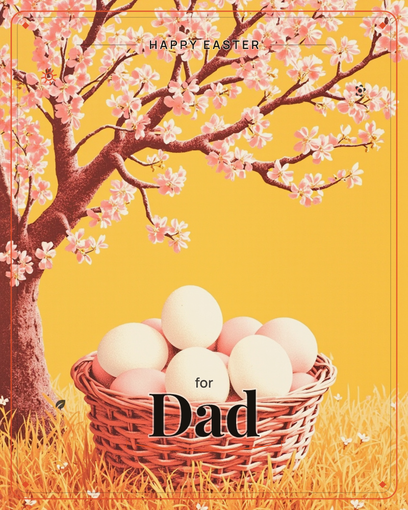 A woven basket brimming with pale cream and blush eggs sits in tall golden grass beneath a blossoming tree, its branches heavy with pink cherry flowers…, a easter e-card design
