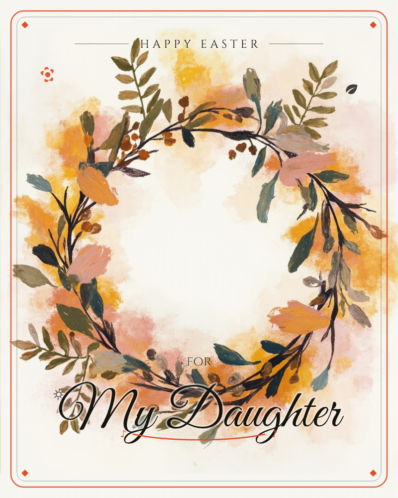 A loose, painterly wreath of autumn foliage and berries circles an open cream-coloured centre, a easter e-card design