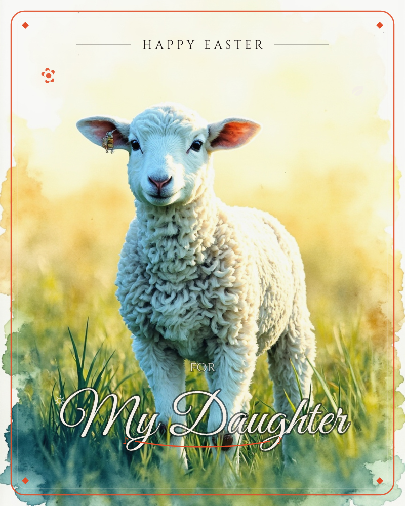 A young lamb stands in tall green grass, its curly wool glowing white against a soft golden haze of light, a easter e-card design