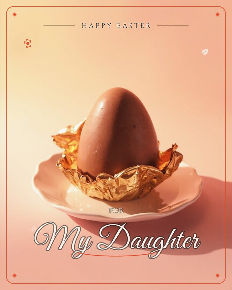 A single chocolate egg sits unwrapped on a white scalloped-edge plate, its gold foil peeled back and crumpled like petals around it, a easter e-card design