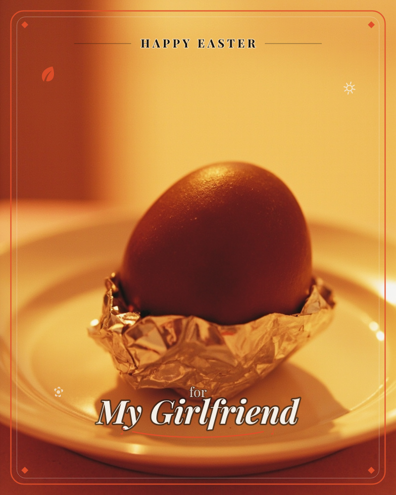 A single dark chocolate egg sits nestled in a crumpled cup of foil, placed on a plain white plate, a easter e-card design