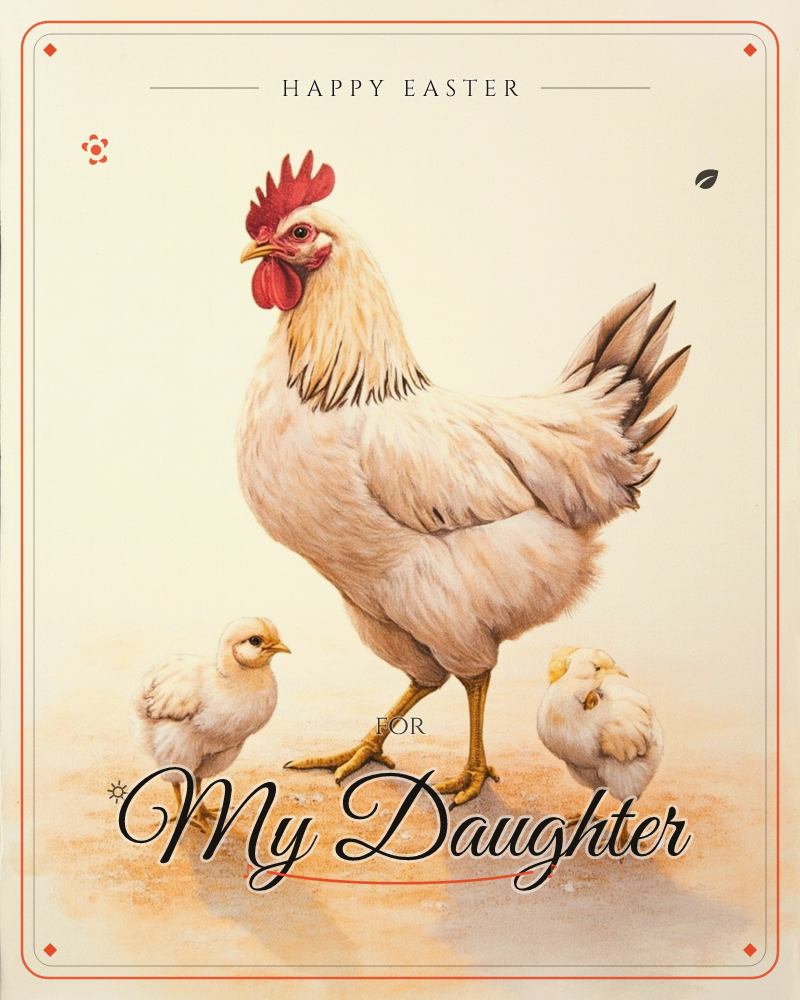 A cream-feathered hen stands watchfully over two fluffy chicks on sandy ground, her bright red comb and wattle vivid against a soft ivory background, a easter e-card design
