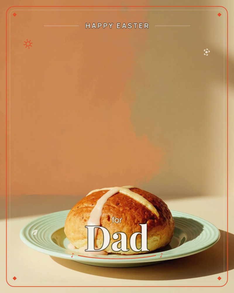 A single hot cross bun sits on a pale green ridged plate, its icing cross slightly melting down the sides, a easter e-card design
