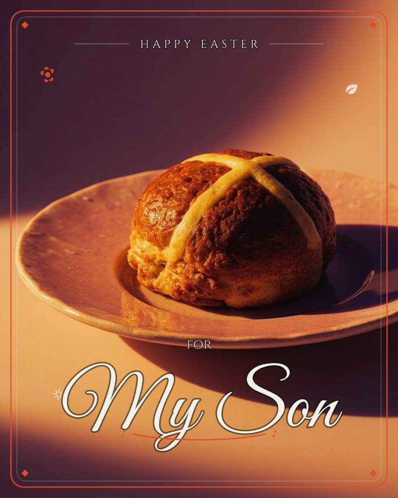 A single hot cross bun sits on a rustic ceramic plate, its pale piped cross catching the light against a deep golden-brown crust, a easter e-card design