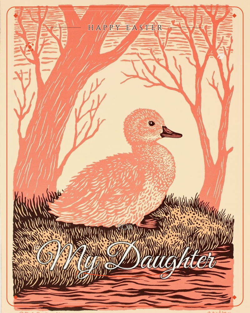 A downy duckling stands alert on a tufted riverbank, rendered entirely in coral-pink linocut lines against a warm cream background, a easter e-card design