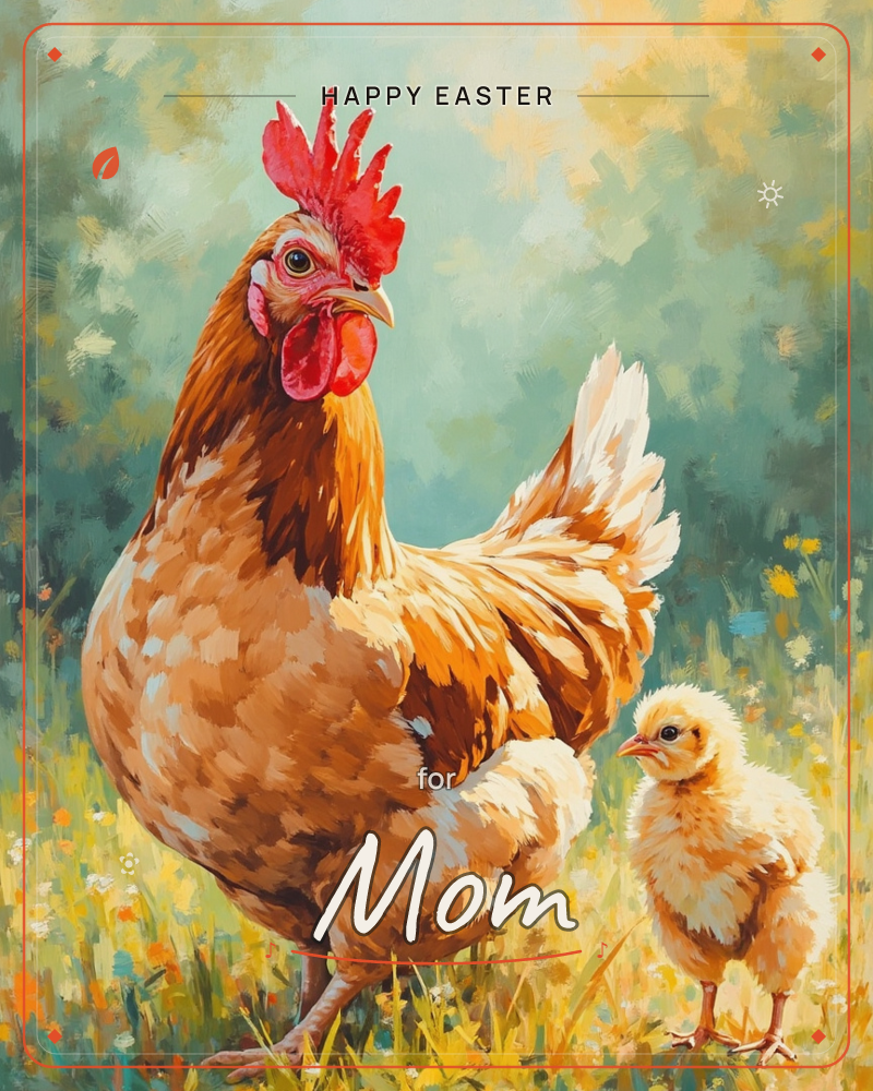 A russet-feathered hen stands watchful in a sunlit meadow beside her small yellow chick, their forms rendered in loose, glowing brushstrokes against a…, a easter e-card design