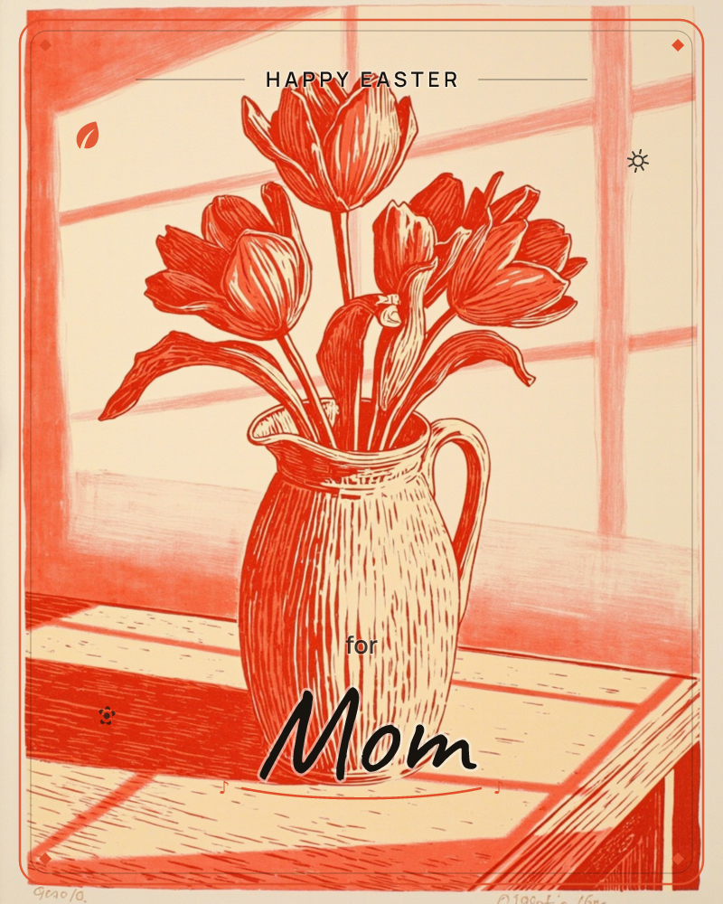 A monoprint-style illustration shows a ridged pitcher of tulips sitting on a windowsill table, rendered entirely in a single warm coral-red ink against…, a easter e-card design