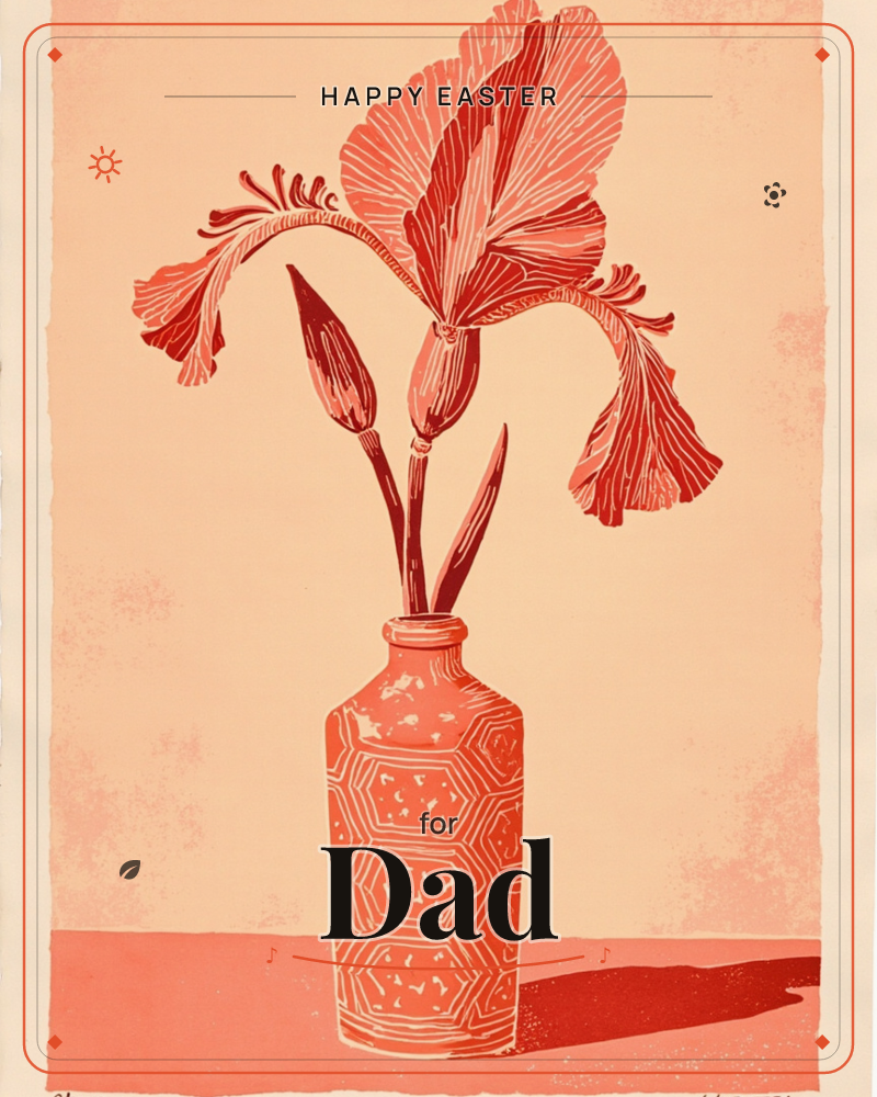 A single iris bloom arches from a patterned bottle-shaped vase, its ruffled petals rendered in bold linocut lines of coral and deep red against a soft…, a easter e-card design