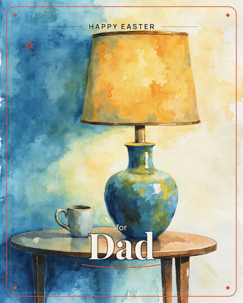 A round wooden side table holds a plump ceramic lamp with a mottled blue-green base, its shade glowing amber against a wall washed in deep blue and gold, a easter e-card design