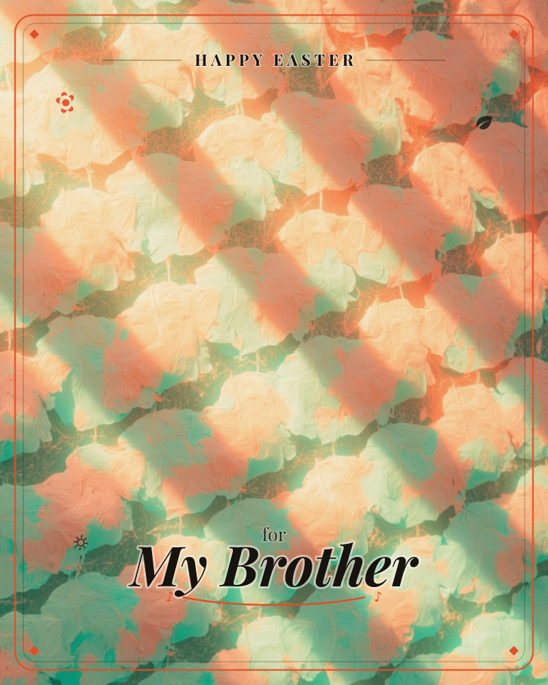 A dense field of scalloped leaves is photographed from above, glowing peach and mint where diagonal bands of light and shadow cross the canopy, a easter e-card design