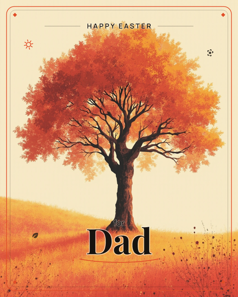 A single tree stands alone on a gentle hillside, its canopy a full blaze of red, orange and amber leaves against a pale cream sky, a easter e-card design