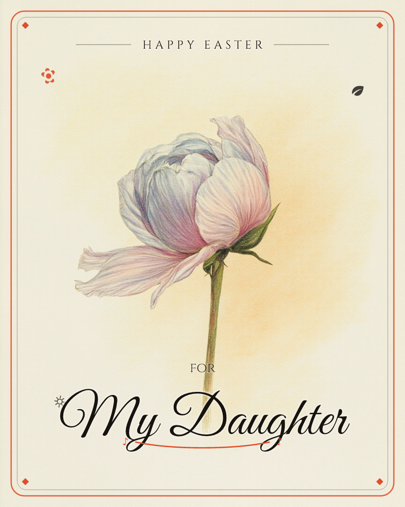 A single peony bloom droops gently on its stem, rendered in soft pencil shading with delicate pink and lavender-grey petals against a warm cream…, a easter e-card design