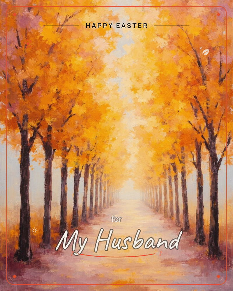 A long avenue of trees in full autumn colour stretches into a glowing, hazy distance, their gold and amber canopies arching together to form a tunnel…, a easter e-card design