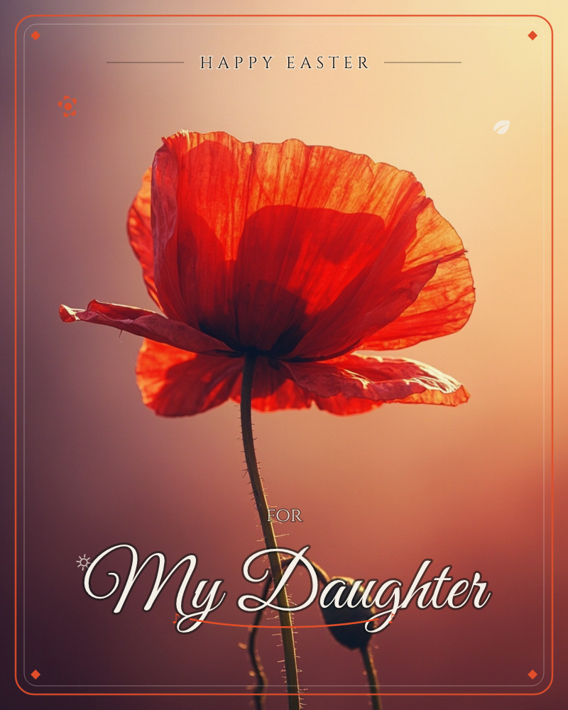 A single red poppy glows in backlit sunlight, its papery petals almost translucent against a soft blurred haze of amber and dusky mauve, a easter e-card design
