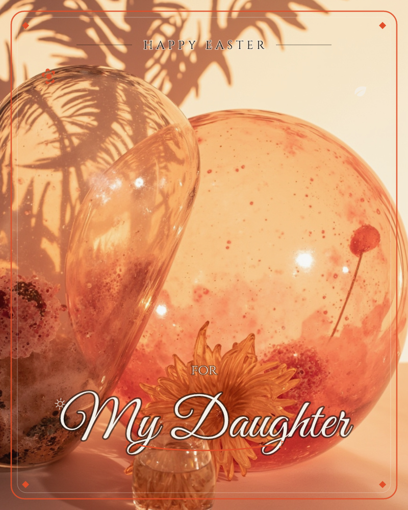 Two large glass spheres, one clear and one blushed with coral speckles, sit side by side against a warm peach wall streaked with the shadow of a palm…, a easter e-card design