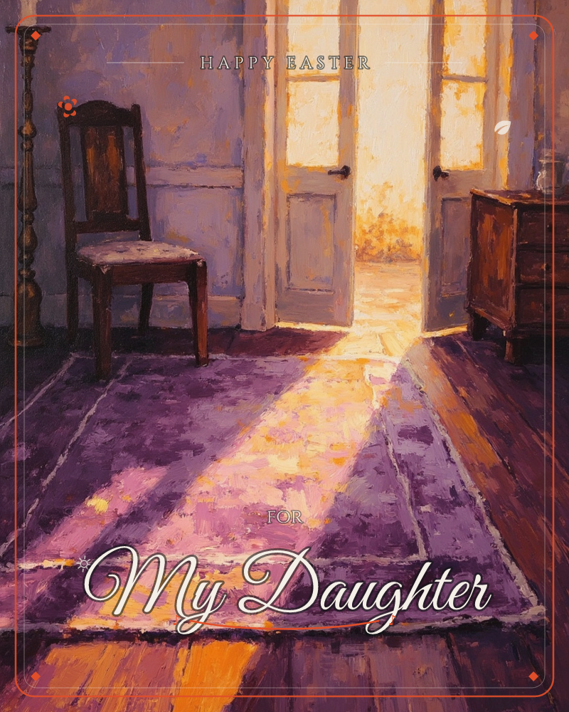 A quiet interior painted in loose, glowing brushstrokes: a wooden chair and small dresser flank a purple rug on dark floorboards, while a pair of open…, a easter e-card design