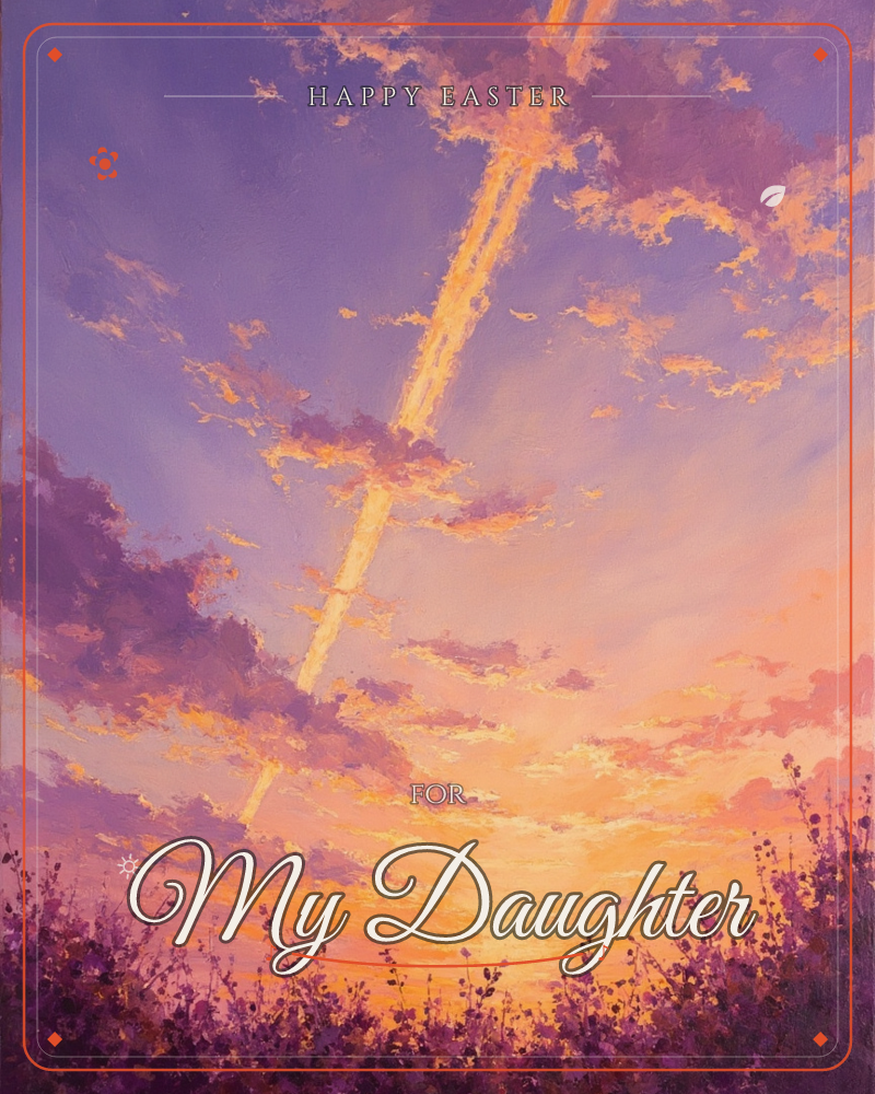 A wide sunset sky fills the card, streaked with a bright vapour trail cutting diagonally through drifting purple-pink clouds, a easter e-card design