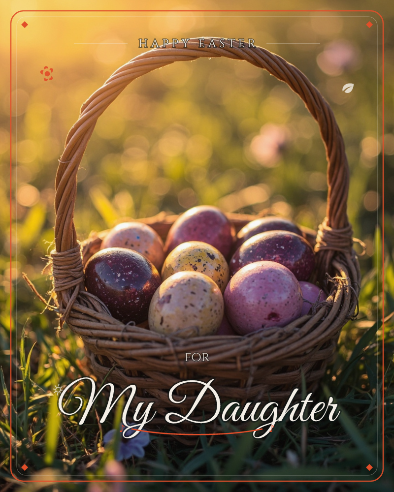 A woven wicker basket sits in tall grass, filled with speckled Easter eggs in dusty plum, pink, and gold, a easter e-card design