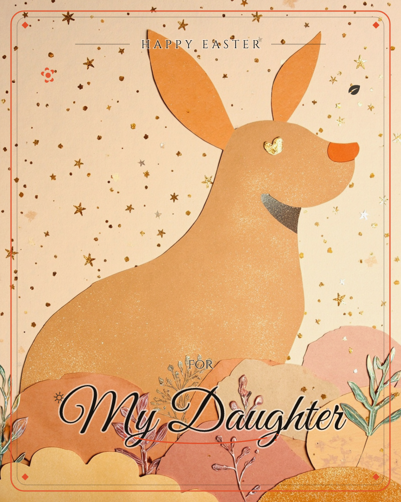 A paper-cut rabbit sits upright among rounded hills of layered cardstock, its long ears raised toward a sky scattered with gold foil stars and dots, a easter e-card design