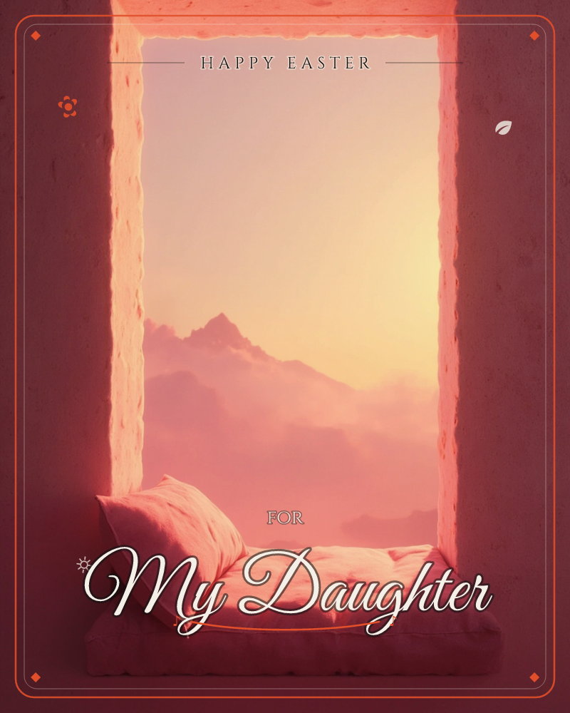 A stone window nook holds a soft cushioned seat and pillow, framing a view of misty mountain peaks under a glowing sunset sky, a easter e-card design