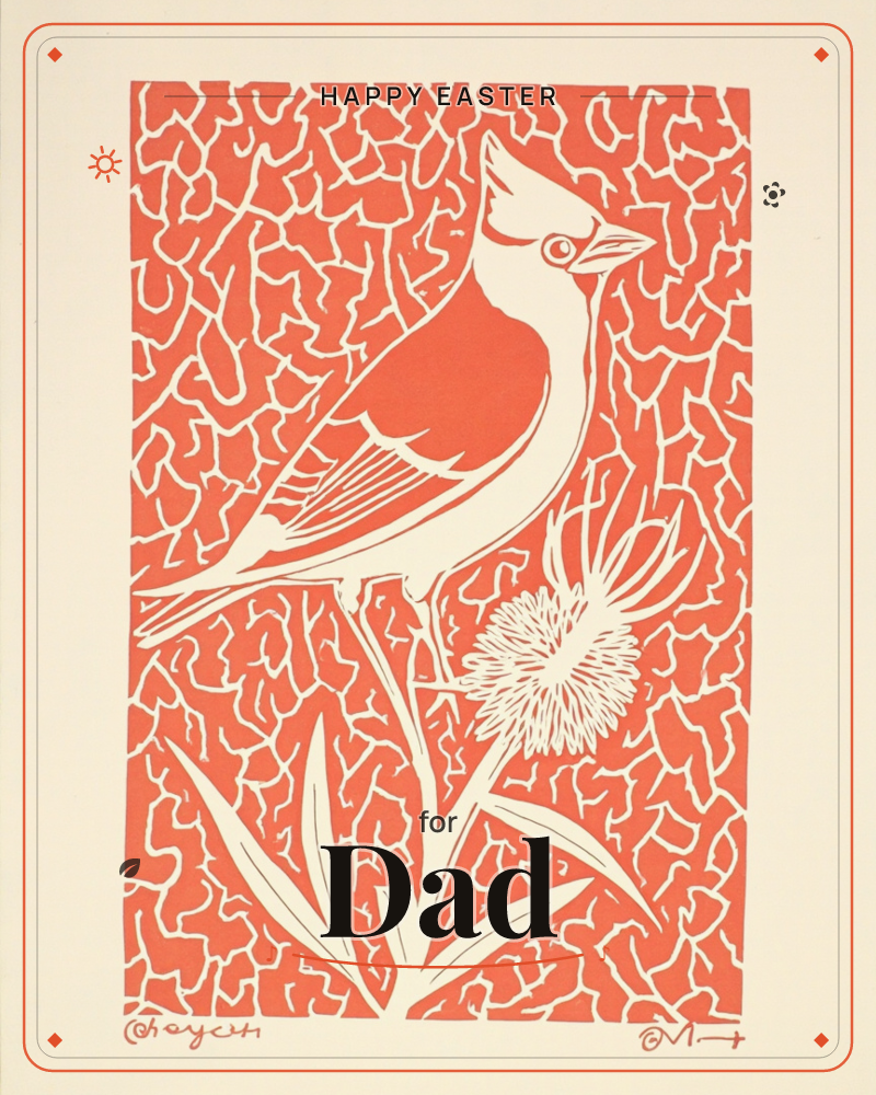 A crested cardinal perches on a spiky thistle bloom, rendered in bold coral-orange against a textured crackled background, a easter e-card design