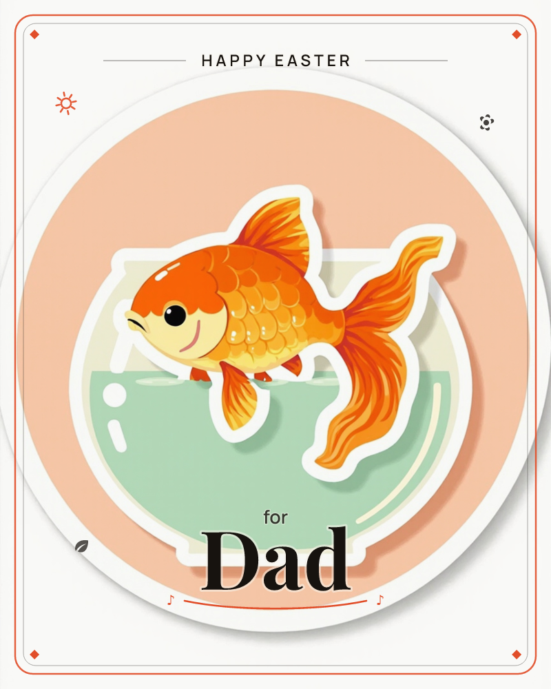 A cheerful orange goldfish with a flowing fantail leaps up out of a pale green fishbowl, set against a soft peach circular background, a easter e-card design