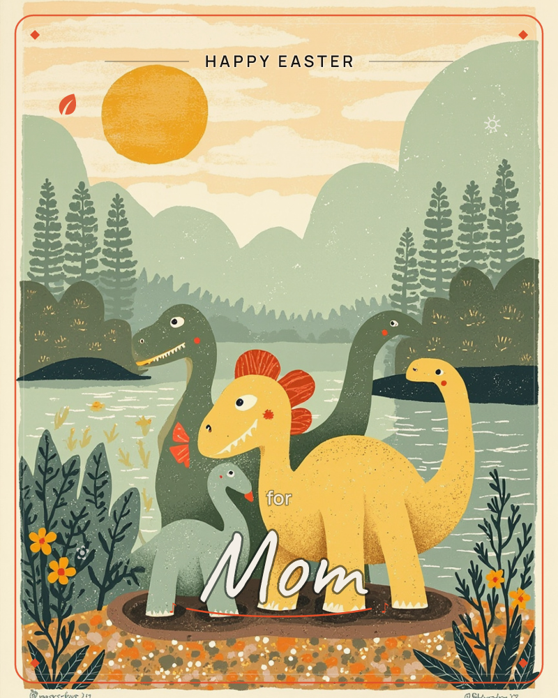 A family of long-necked dinosaurs gathers on a pebbled shore beside a calm lake, with rolling hills, pine trees and a soft orange sun glowing through…, a easter e-card design