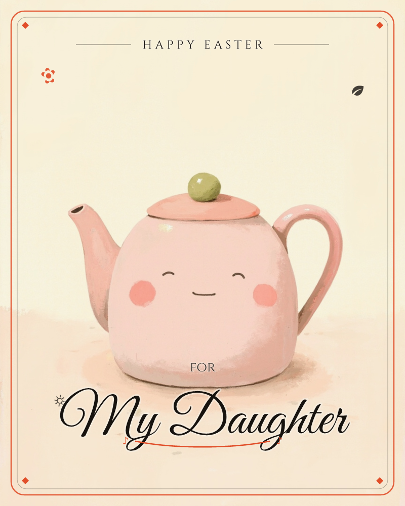 A round pink teapot sits alone against a warm cream background, its lid topped with a small olive-green knob, a easter e-card design