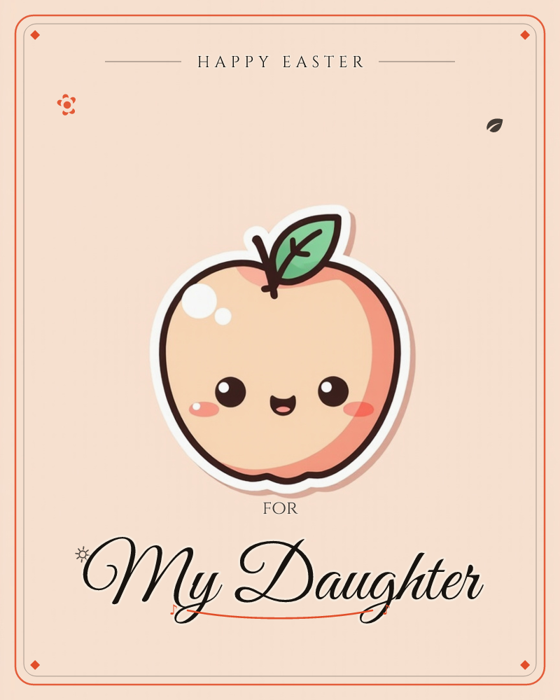 A single kawaii peach sits centre stage as a sticker-style illustration, its pale blush skin dotted with two blushing cheeks and a small closed smile, a easter e-card design