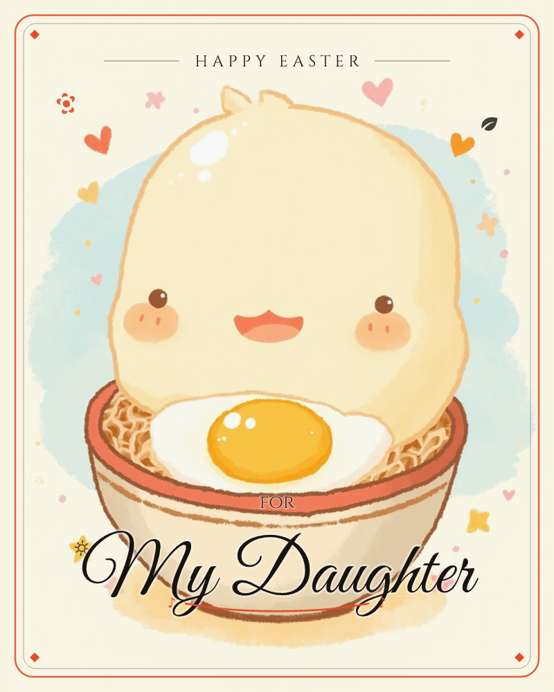 A round, blushing cream-colored character with rosy cheeks peeks up behind a bowl of noodles topped with a fried egg, set against a soft blue cloud on…, a easter e-card design