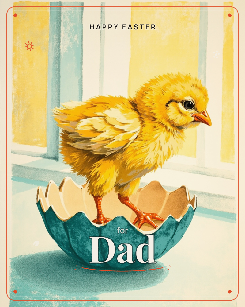 A fluffy yellow chick stands balanced inside the jagged edge of a scalloped teal eggshell, set against soft yellow and pale blue striped light like…, a easter e-card design