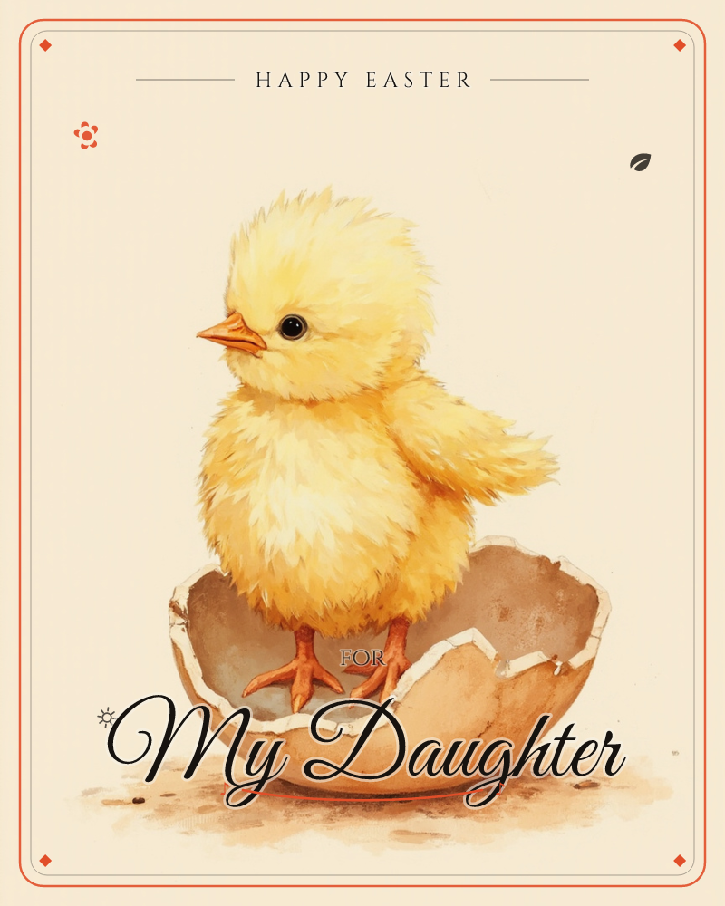 A fluffy yellow chick stands perched on the jagged edge of a cracked eggshell, its orange feet gripping the rim, a easter e-card design