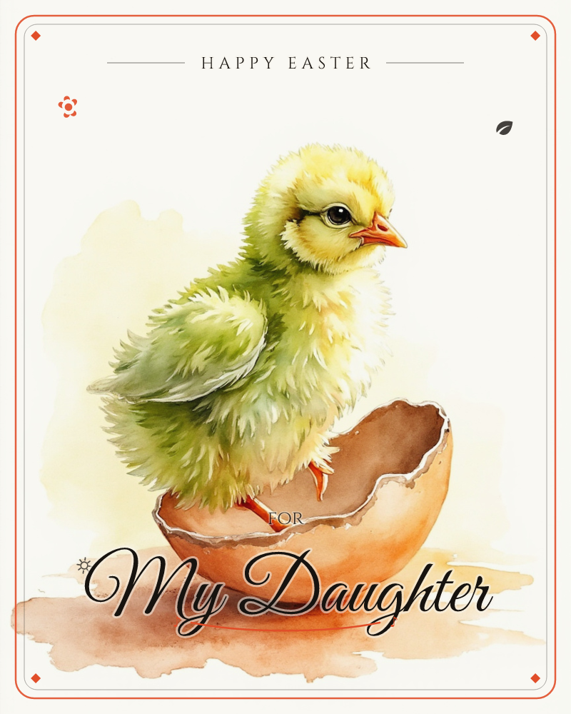 A fluffy yellow-green chick perches on the edge of a cracked brown eggshell, its downy feathers rendered in soft watercolour washes against a plain…, a easter e-card design