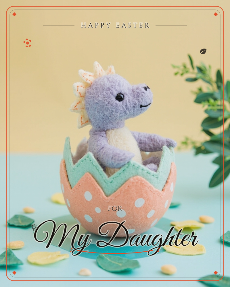 A felt dinosaur with a lilac-grey body and cream spiked mane pokes out of a polka-dotted peach eggshell, set against a soft yellow backdrop, a easter e-card design